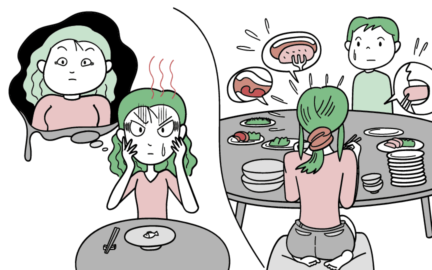 摂食障害を神経性とむちゃ食い障害の2つに分けてイラストでご紹介します。