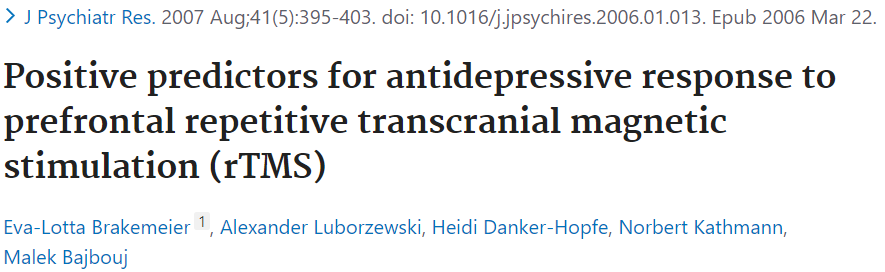 DLPFCに対するうつ病TMS治療での抗うつ効果の反応予測因子についての論文です。