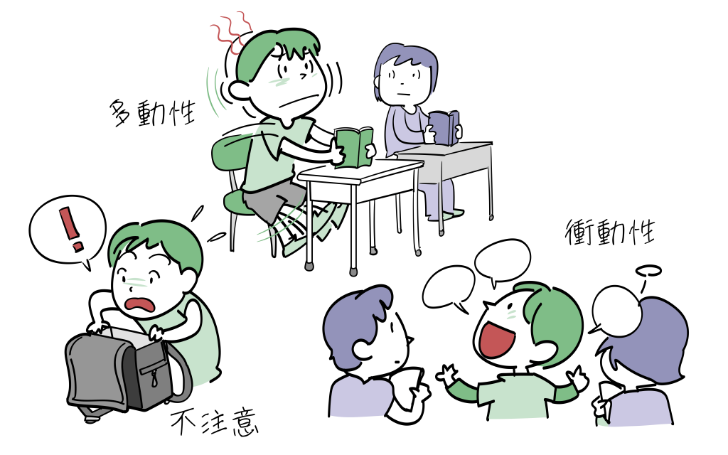 ADHDの症状として、不注意多動衝動性をイラストにしました。
