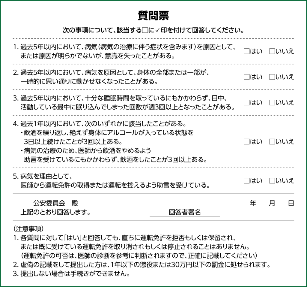 運転免許の問診票を転載します。