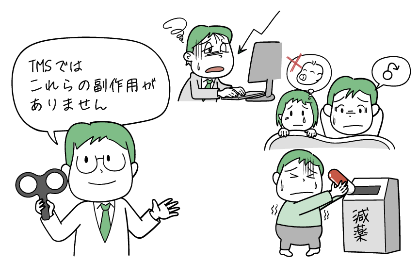 TMS治療でよくある薬の副作用の相談をイラストでご紹介します。