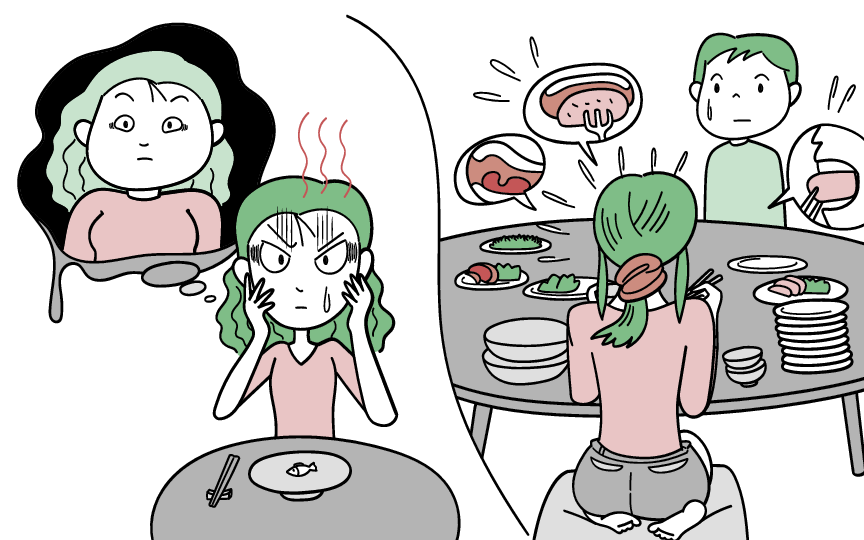 摂食障害を神経性とむちゃ食い障害の2つに分けてイラストでご紹介します。