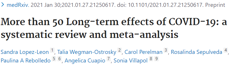 コロナ後遺症として報告されている50以上の症状を、頻度も含めて調べた論文になります。